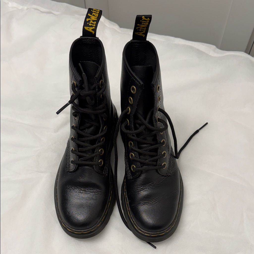 Dr. Martens Black Leather 8-Eye Combat Boots With Yellow Stitching